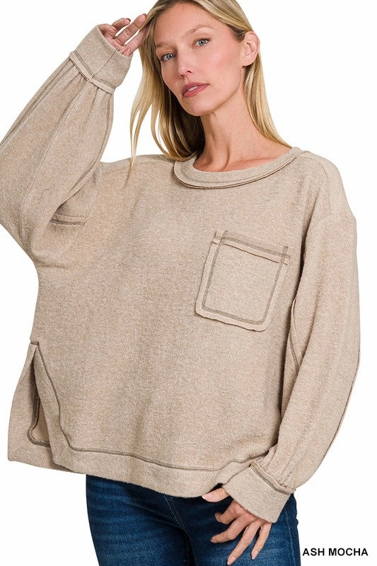 Nancy Brushed Hacci Hi-low Round Neck Sweater S-XL SnagResistant Bonded Seam Tape