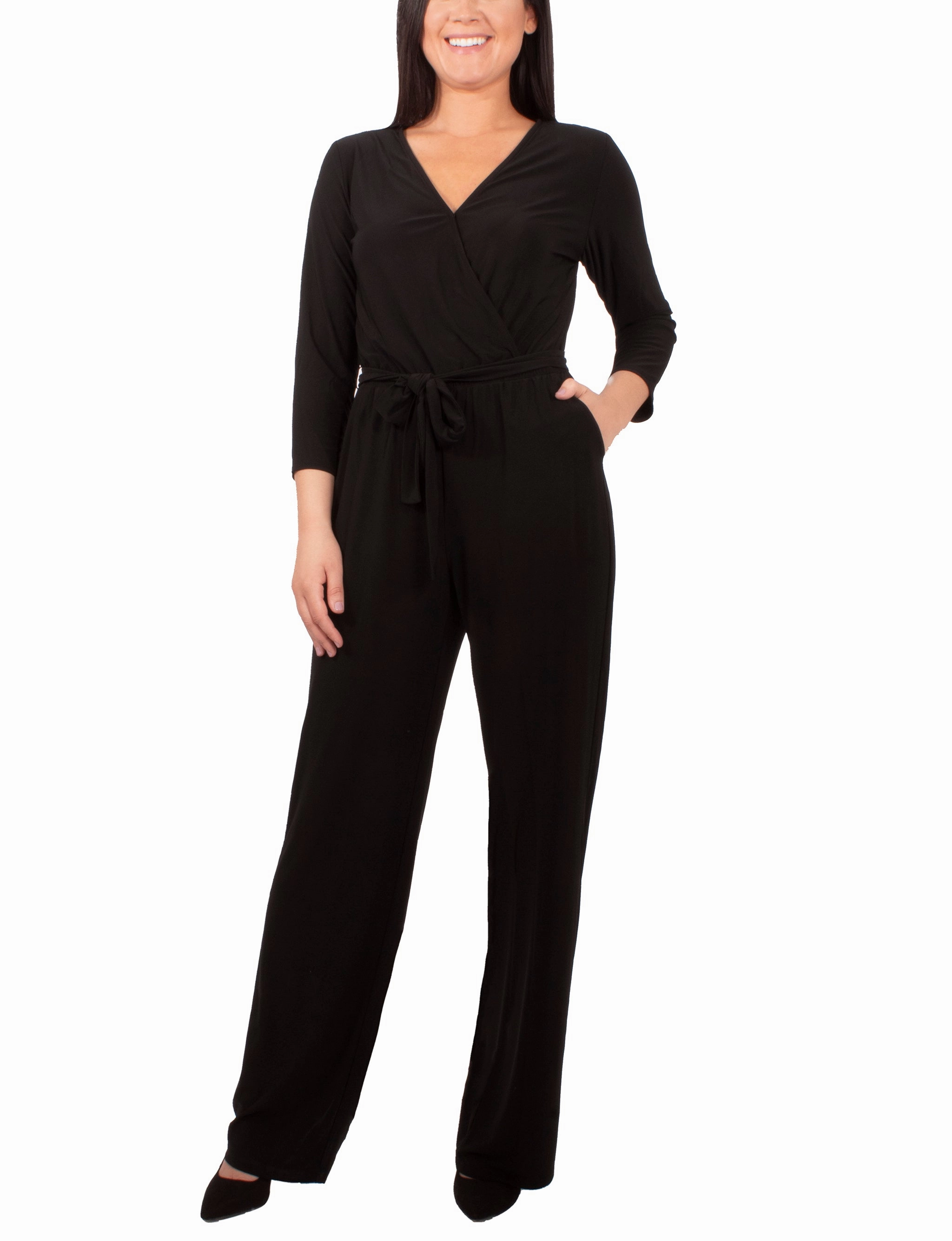 Petite 3/4 Sleeve Belted Jumpsuit Street Style