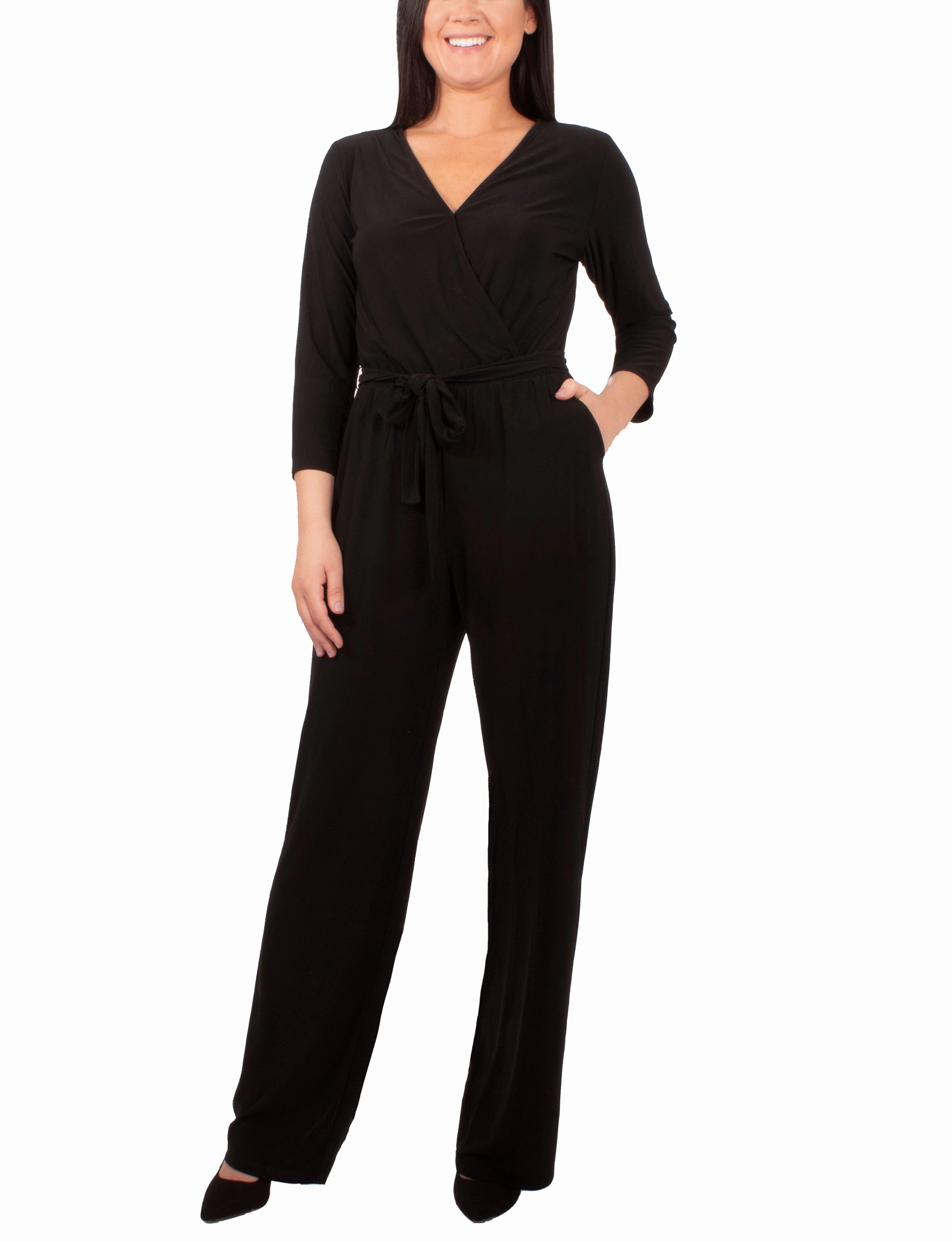 Indoor Layer Daywear Fit Petite 3/4 Sleeve Belted Jumpsuit