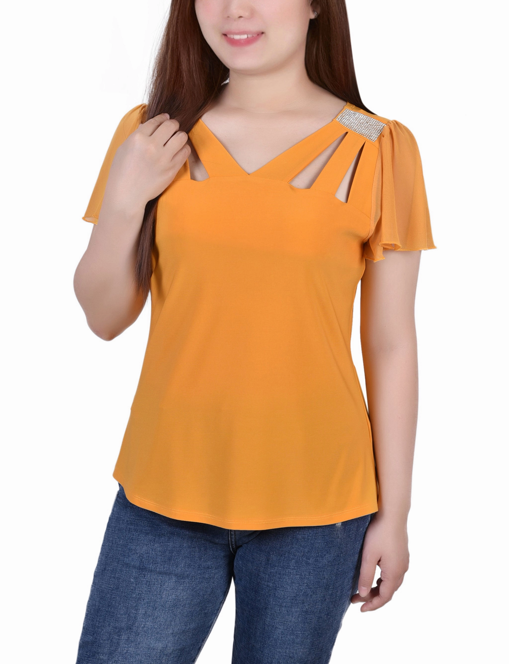 Short Flutter Sleeve Top With Cutouts and Stones NonRestrictive Armholes Snag Proof Weave
