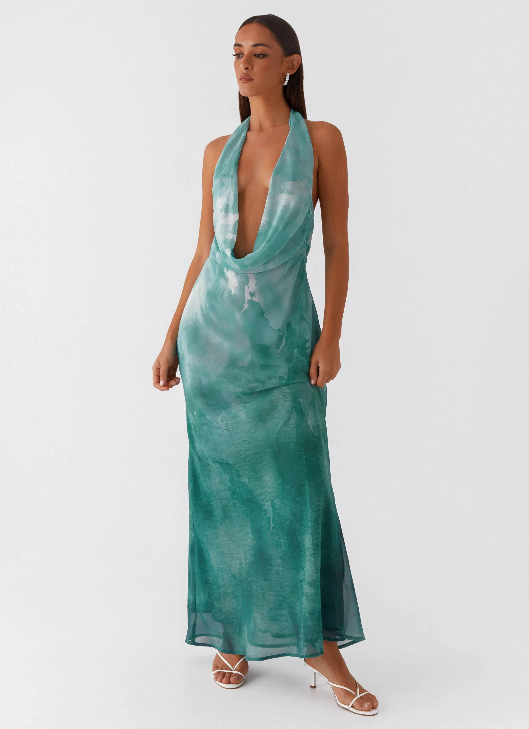 Nerissa Cowl Neck Maxi Dress - Green Tie Dye Relax Piece Clasp-Closure