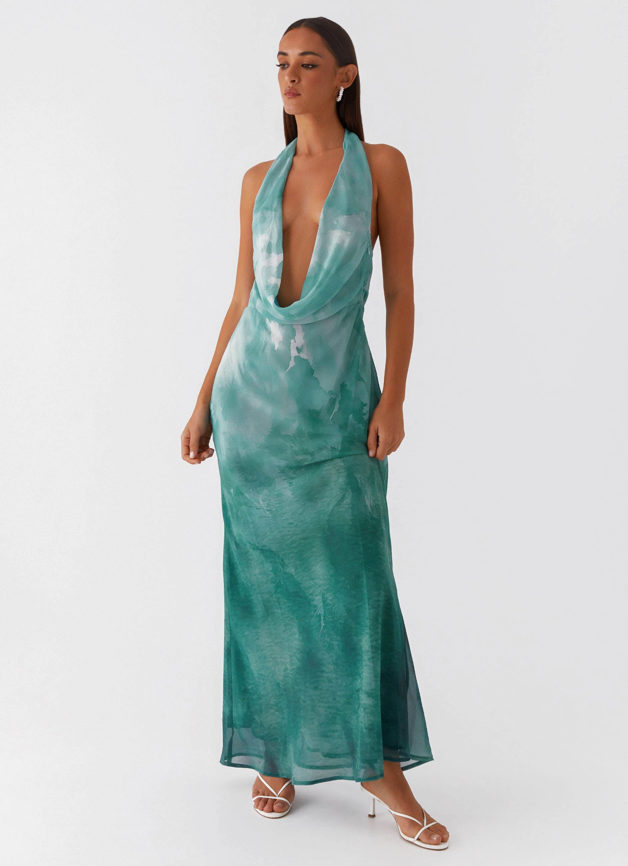 Soft Motion Layered Comfort Nerissa Cowl Neck Maxi Dress - Green Tie Dye