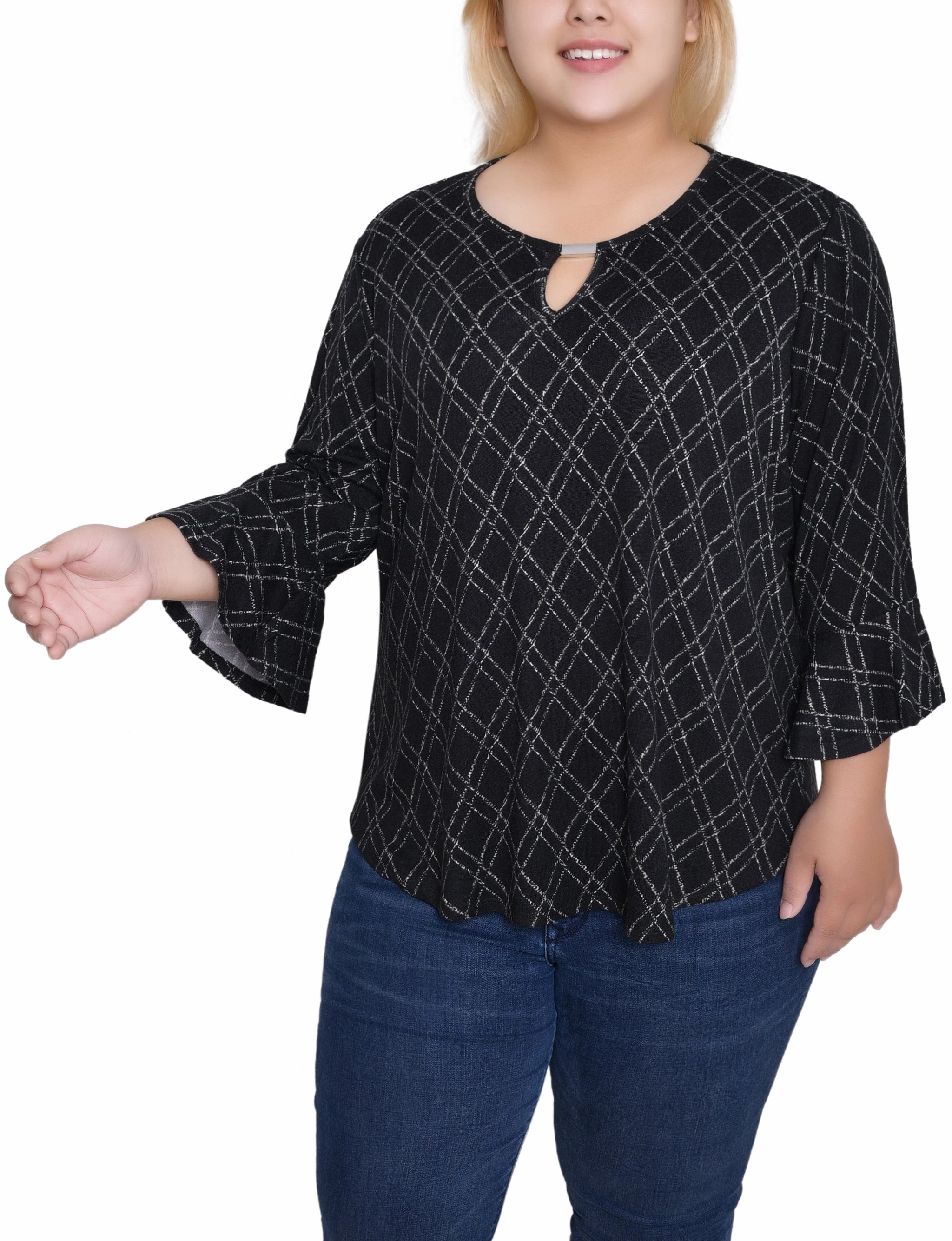 Plus Size 3/4 Bell Sleeve Top With Hardware AntiSnag Fabric Odor Resistant Fabric