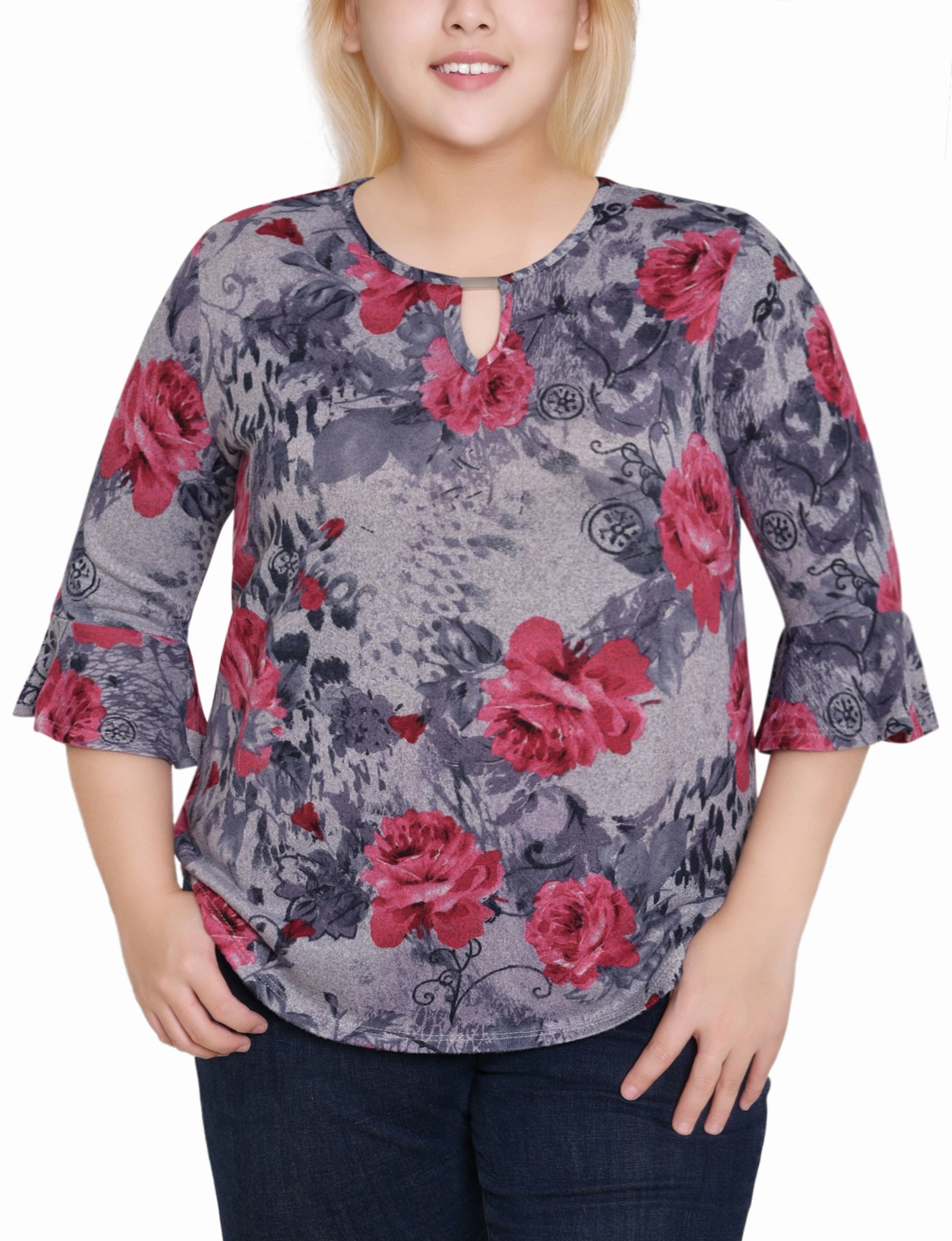 Plus Size 3/4 Bell Sleeve Top With Hardware Front-Pocket Versatile Look
