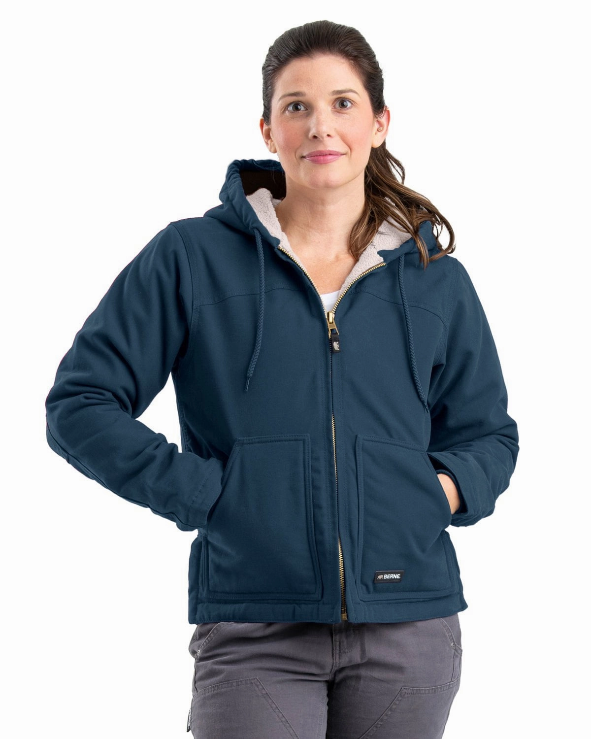 Berne Womens Sherpa-Lined Softstone Duck Hooded Midnight Rain 100% Cotton Jacket Long Length FoldableStorageCapability