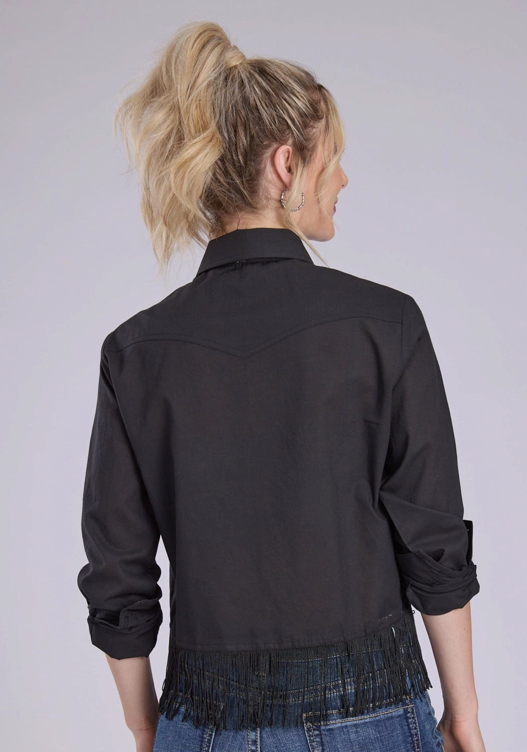 Roper Womens Fringe Cambric Western Black 100% Cotton L/S Blouse Street Fashion Monochrome Palette