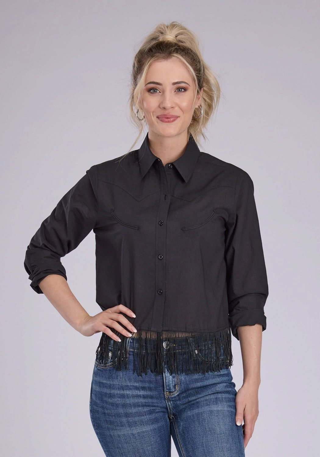 Roper Womens Fringe Cambric Western Black 100% Cotton L/S Blouse Eco-friendly