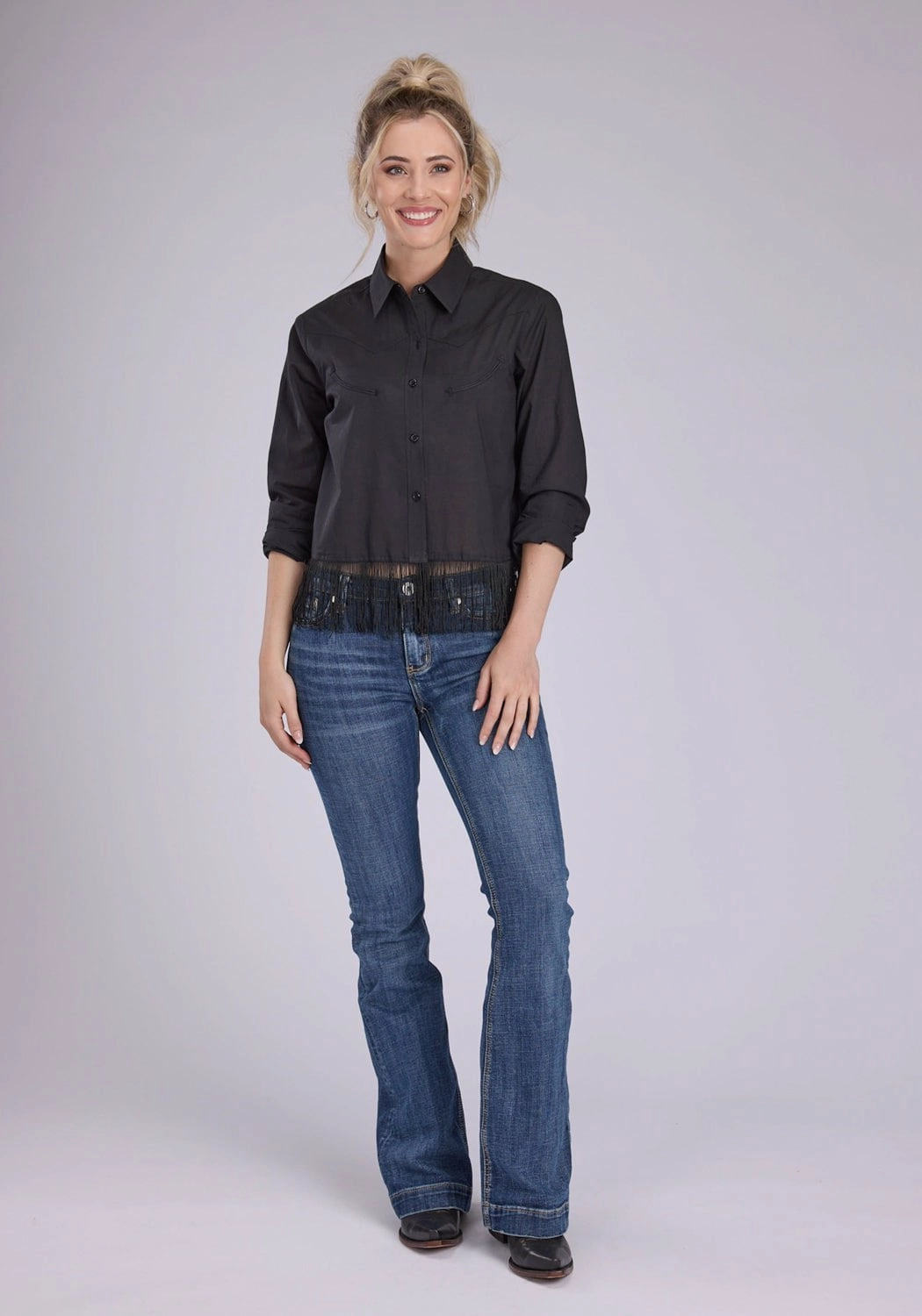 Roper Womens Fringe Cambric Western Black 100% Cotton L/S Blouse Roomy Cut