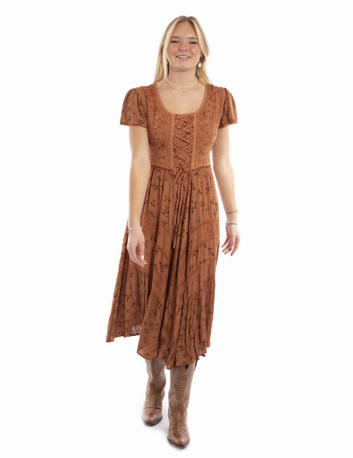 Non Irritating Work Outfit Scully Womens Soutache Rose Print Rust 100% Rayon Cap Sleeve Dress XL