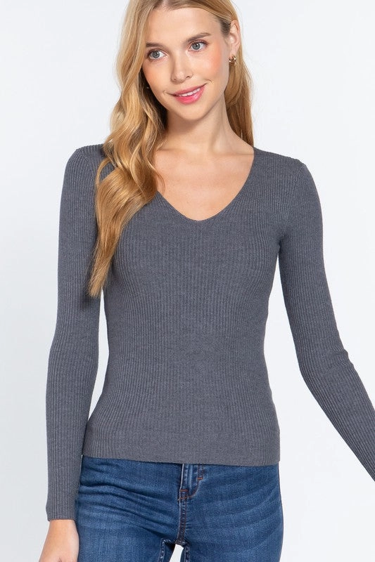 Oversized Collar Daily Wear NICKI LONG SLEEVE V-NECK FITTED VISCOSE RIB SWEATER TOP