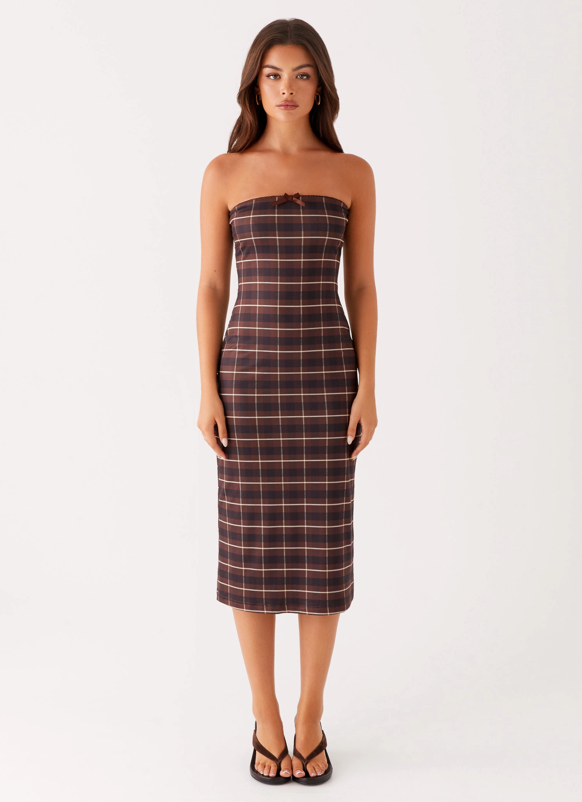 Fall Flow Niko Strapless Midi Dress - Brown Black Check