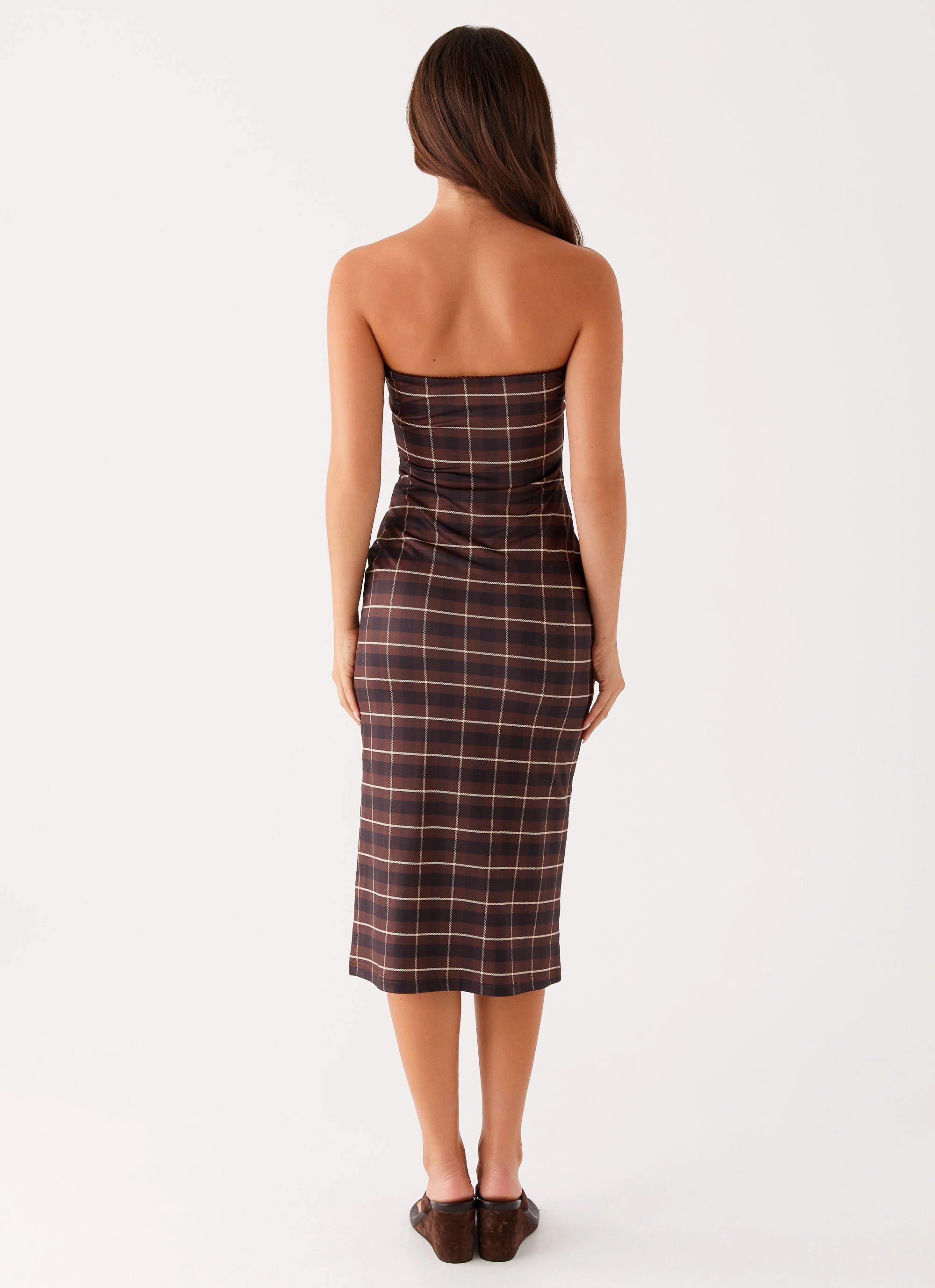 Niko Strapless Midi Dress - Brown Black Check Day Magic