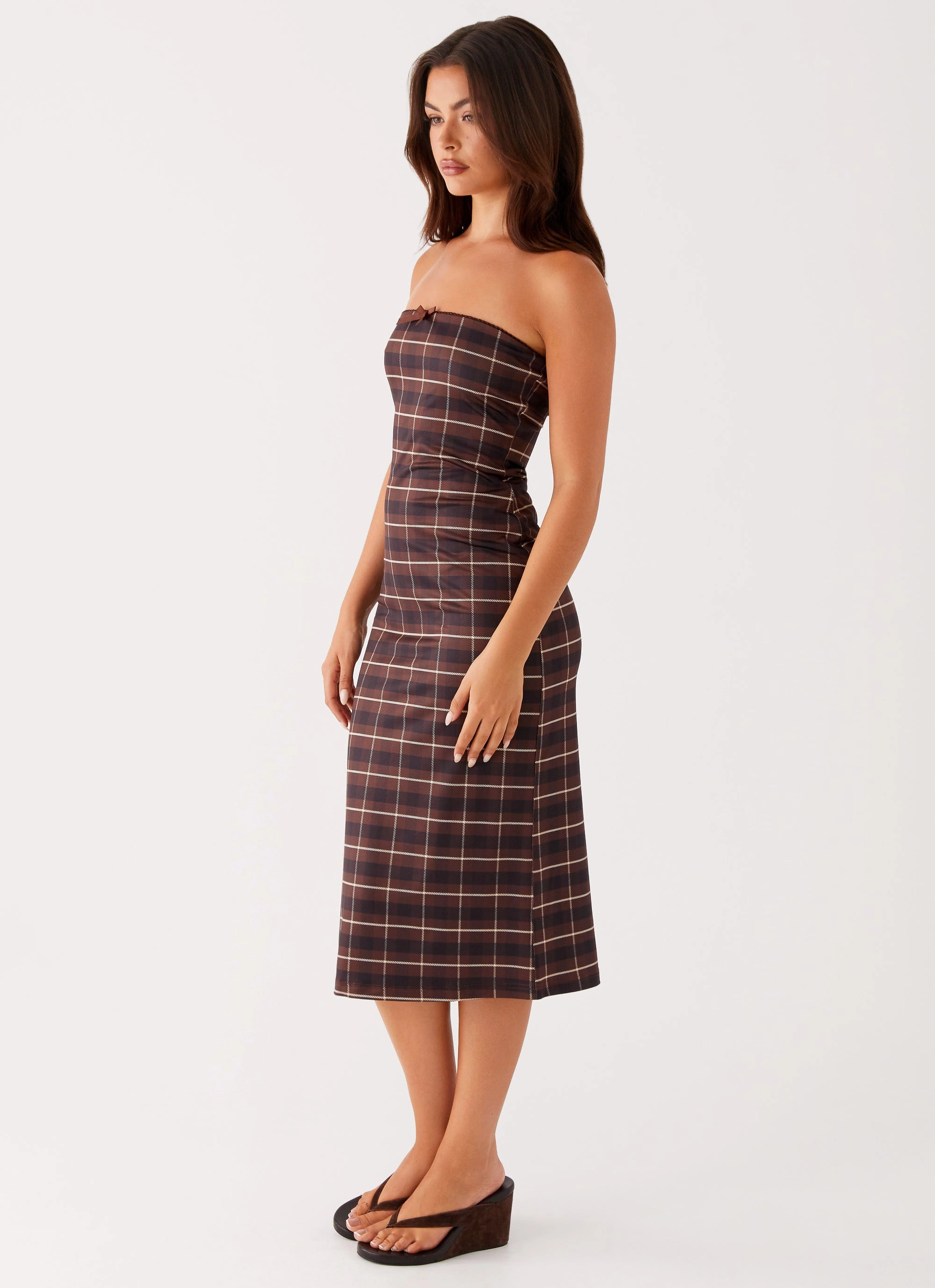 Niko Strapless Midi Dress - Brown Black Check Vibrant evening gown