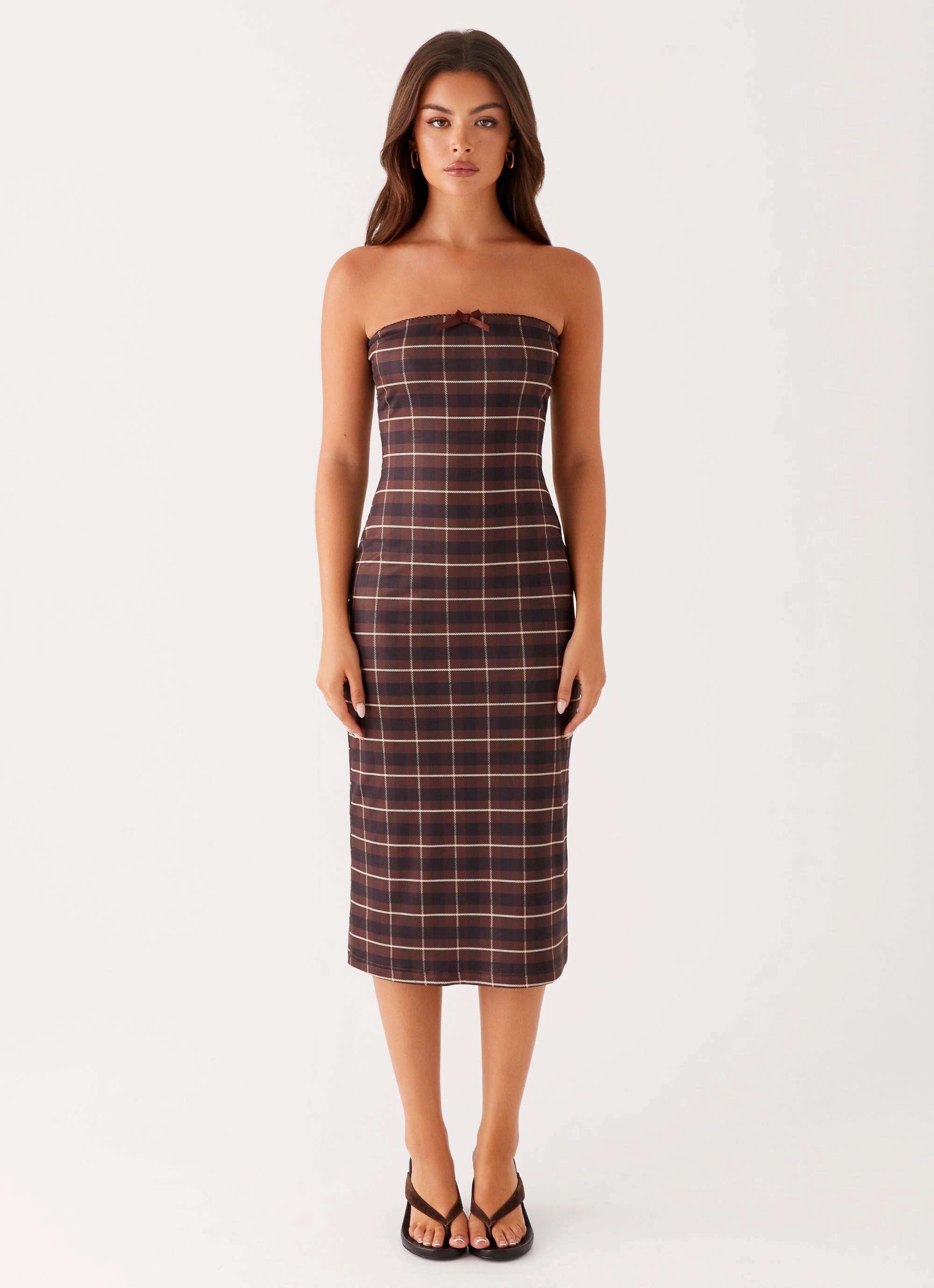 Polished and Elegant Niko Strapless Midi Dress - Brown Black Check