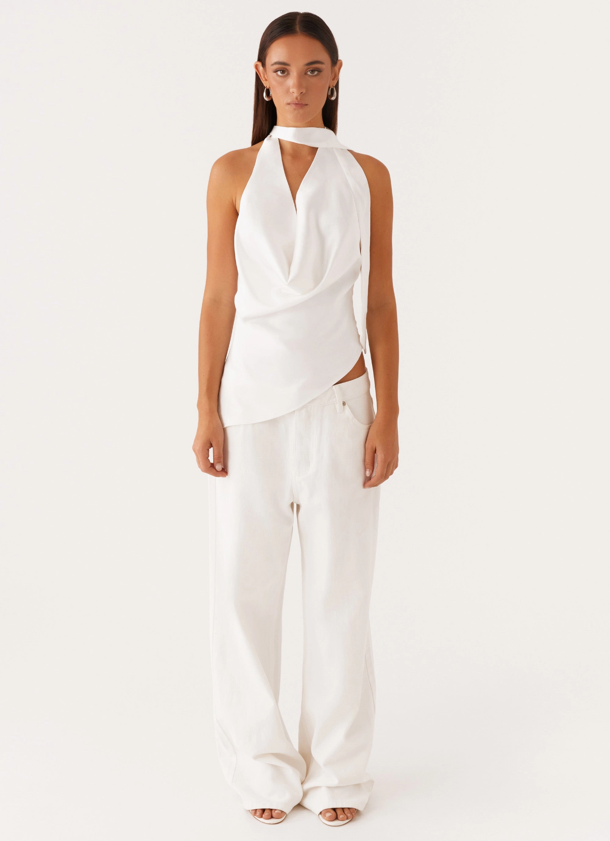 Nina Halterneck Scarf Top - White Layered Collar System Wrinkle Resistant Weave
