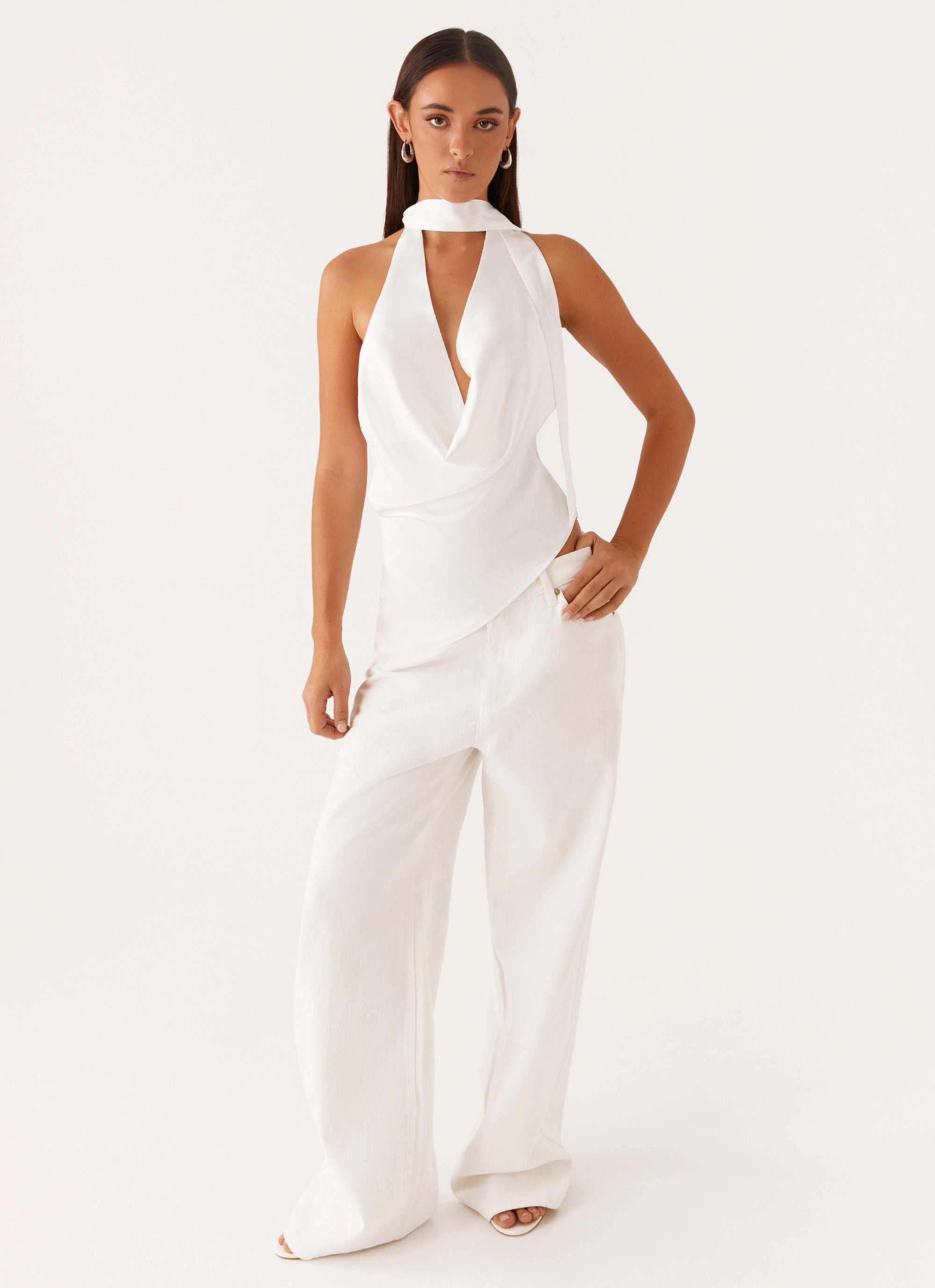 CroppedLength Slim Silhouette Nina Halterneck Scarf Top - White