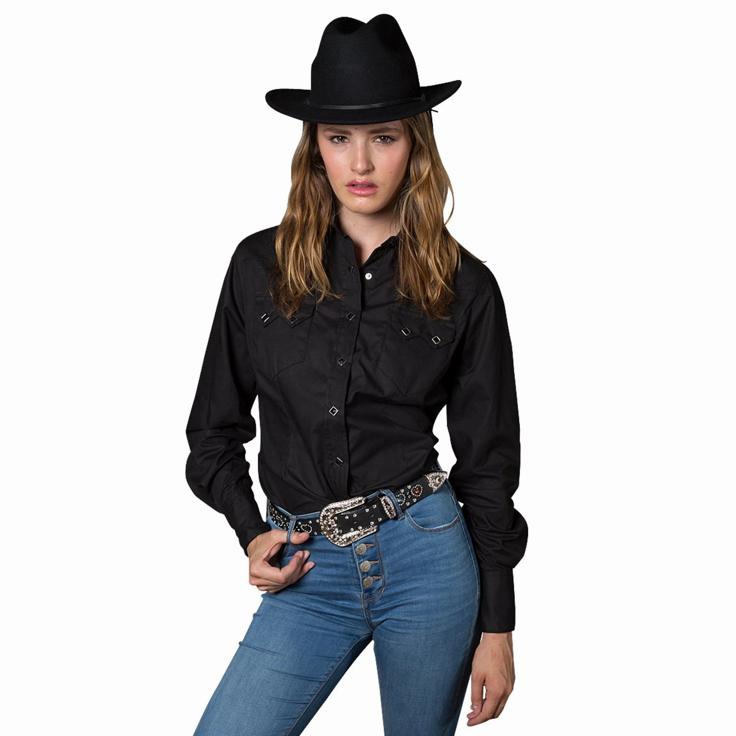 Contemporary Design Rockmount Womens Black 100% Cotton Classic Western Pima L/S Shirt