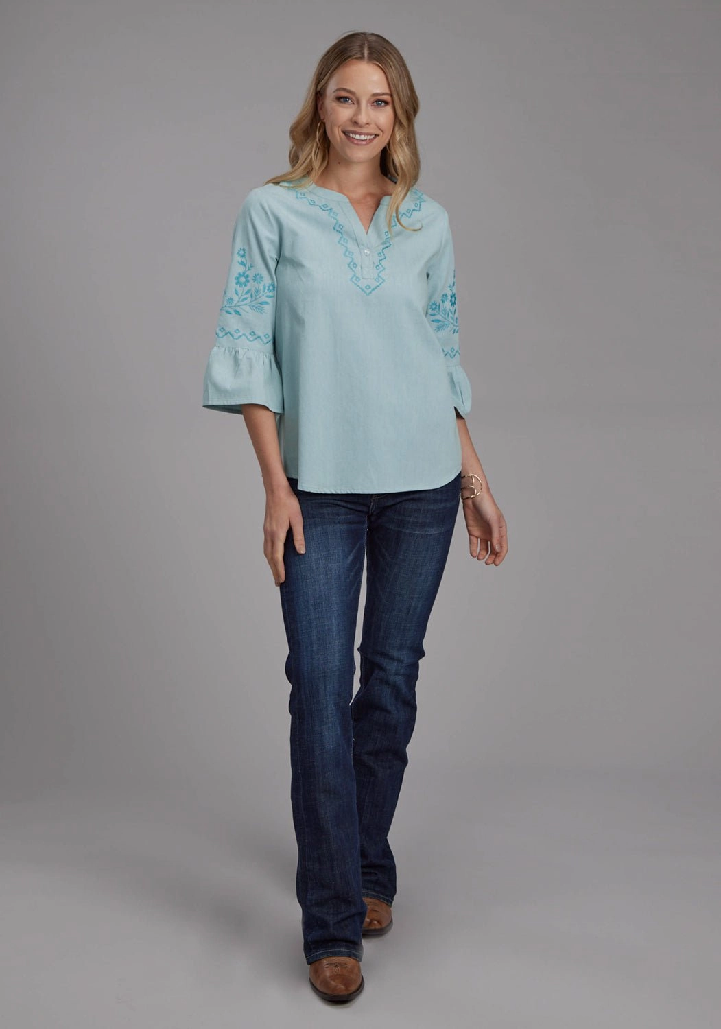 Roper Womens Floral Bell Sleeve Blue 100% Cotton S/S Blouse Anti Static Fabric