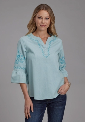 Mountain Escape Winter Layering Roper Womens Floral Bell Sleeve Blue 100% Cotton S/S Blouse