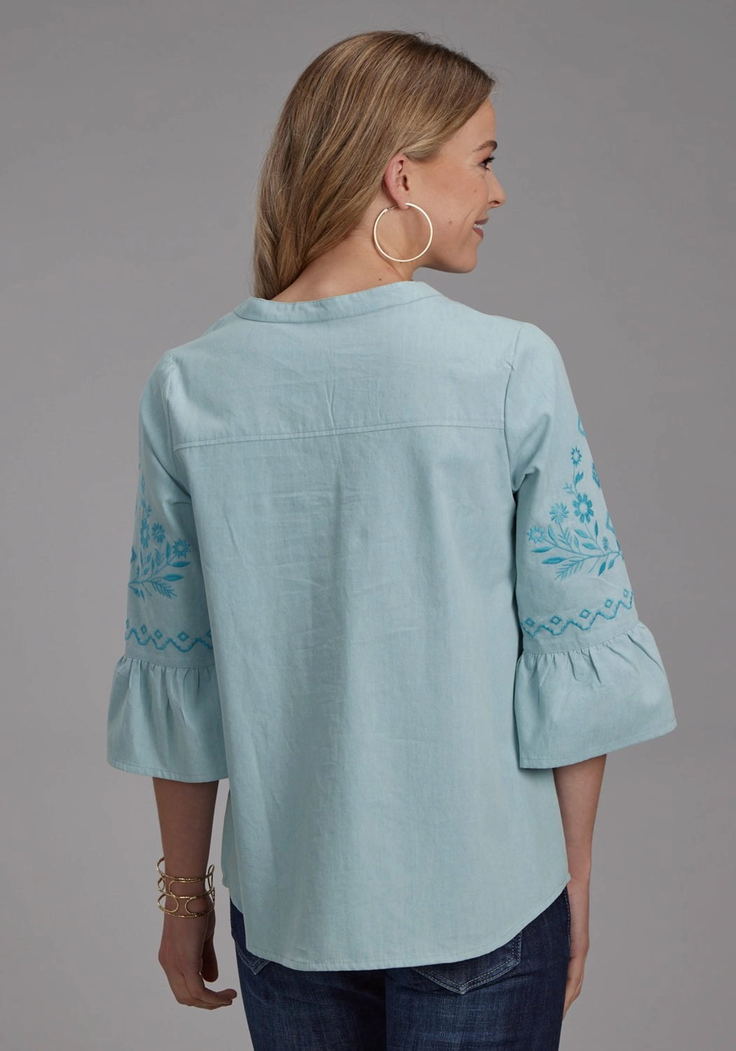 Seamless Sides Quick-Dry Roper Womens Floral Bell Sleeve Blue 100% Cotton S/S Blouse