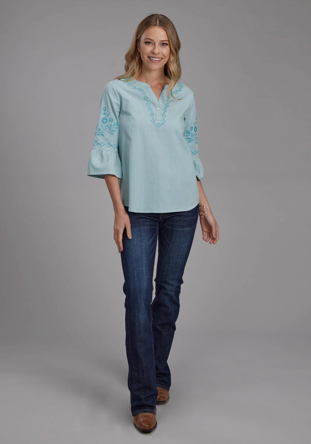 Eco friendly materials Floral Motif Roper Womens Floral Bell Sleeve Blue 100% Cotton S/S Blouse