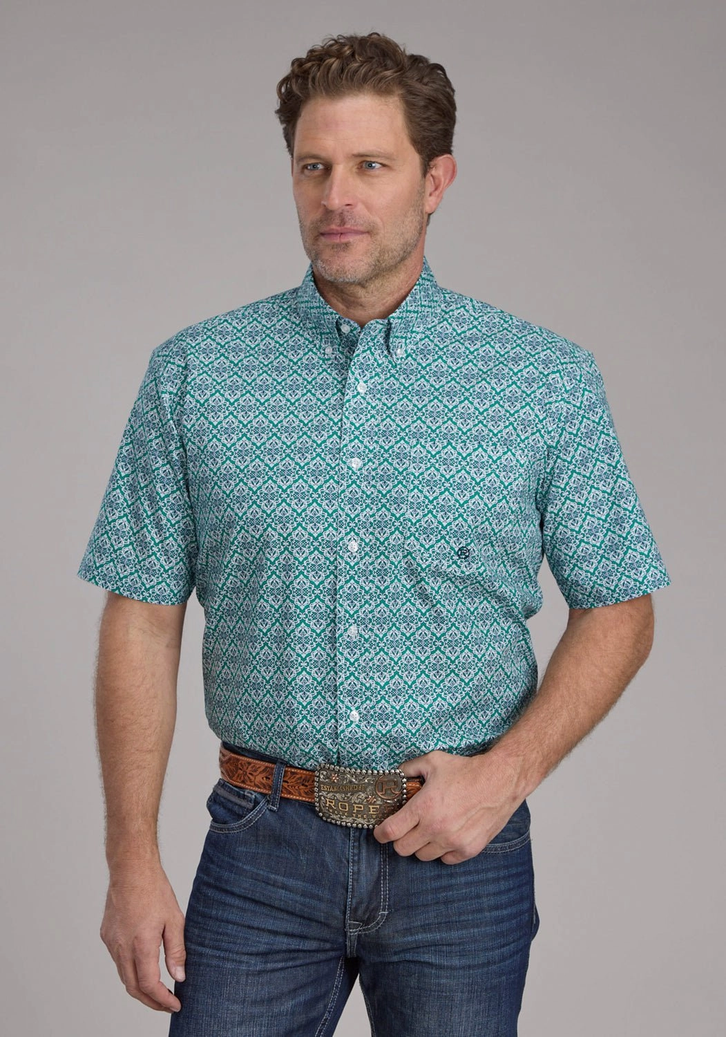 Roper Mens 2380 Jade Medallion Green 100% Cotton 1 Pkt S/S Shirt No Chafe Edging