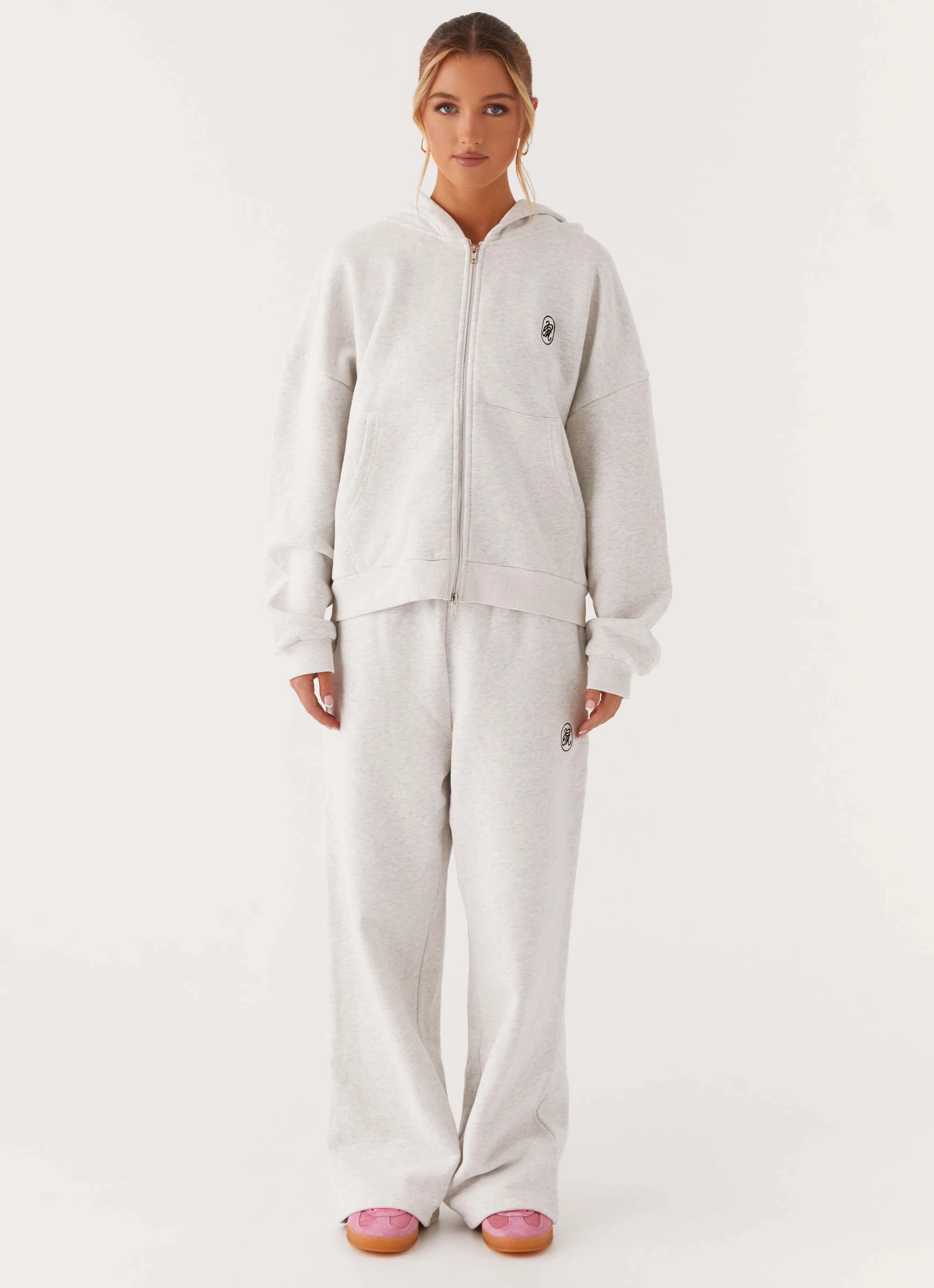 Signature Double Zip Up Hoodie - Grey Durable Stitching WaffleKnit Texture