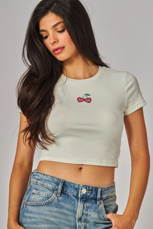 Heart Cherry Patch Crop Top Tee Stretch Fabric Light Reflective Printing