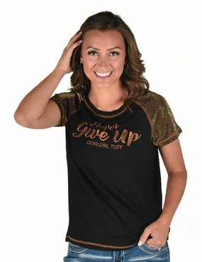Wrinkle-Resistant Cowgirl Tuff Womens Never Give Up Shimmer Copper Nylon S/S T-Shirt