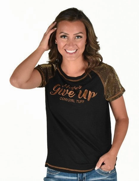 Breathable Layer Cowgirl Tuff Womens Never Give Up Shimmer Copper Nylon S/S T-Shirt