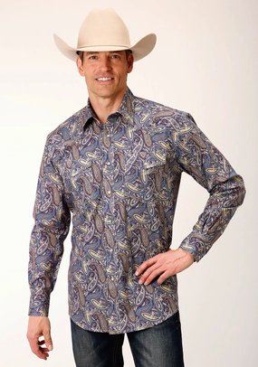 Timeless Piece Two Tone Stitching Roper Mens Royal Paisley Multi-Color 100% Cotton L/S Shirt