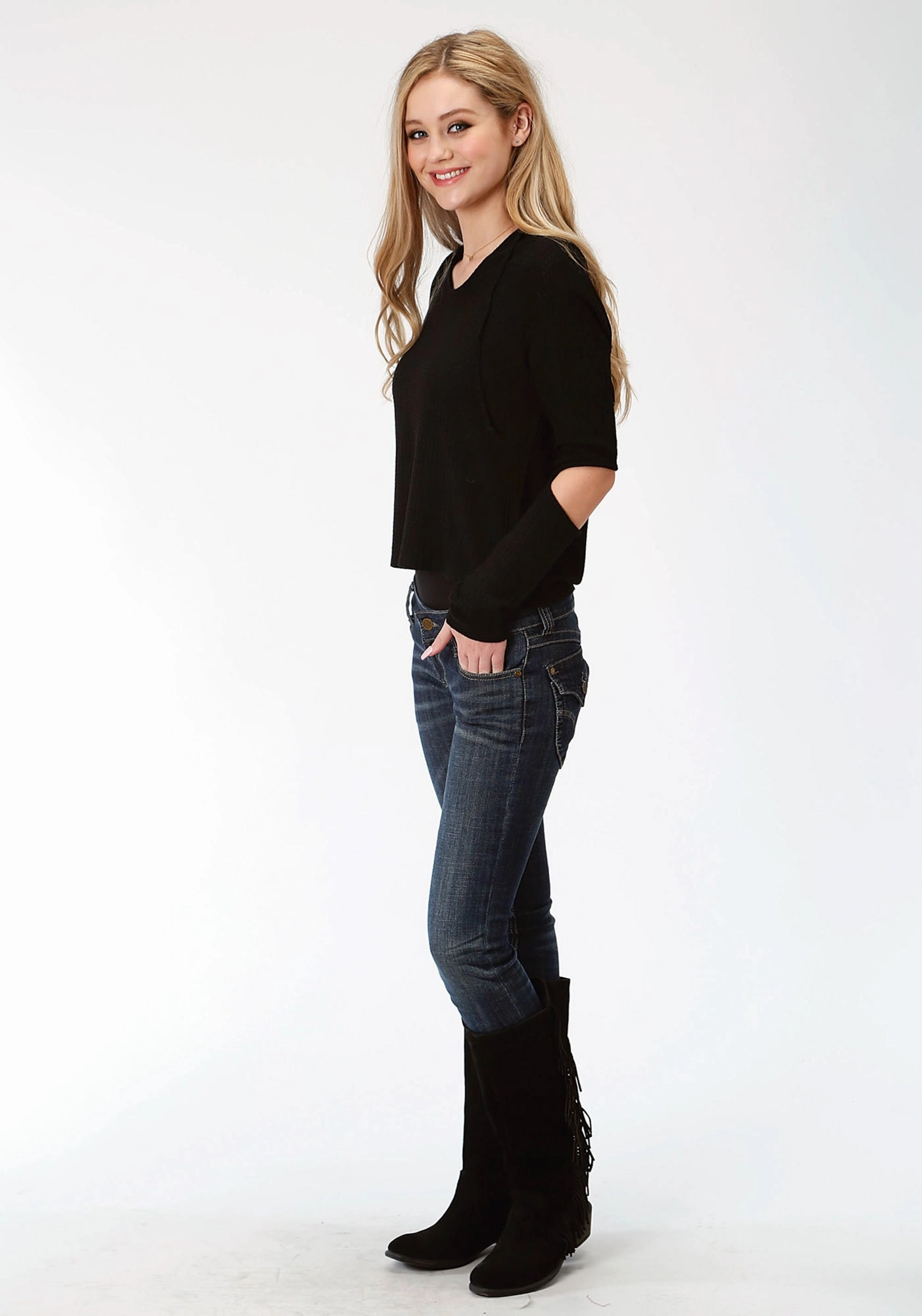 Roper Womens Black 100% Cotton Waffle Knit L/S Hoodie Thermal Locking Yarn light layering