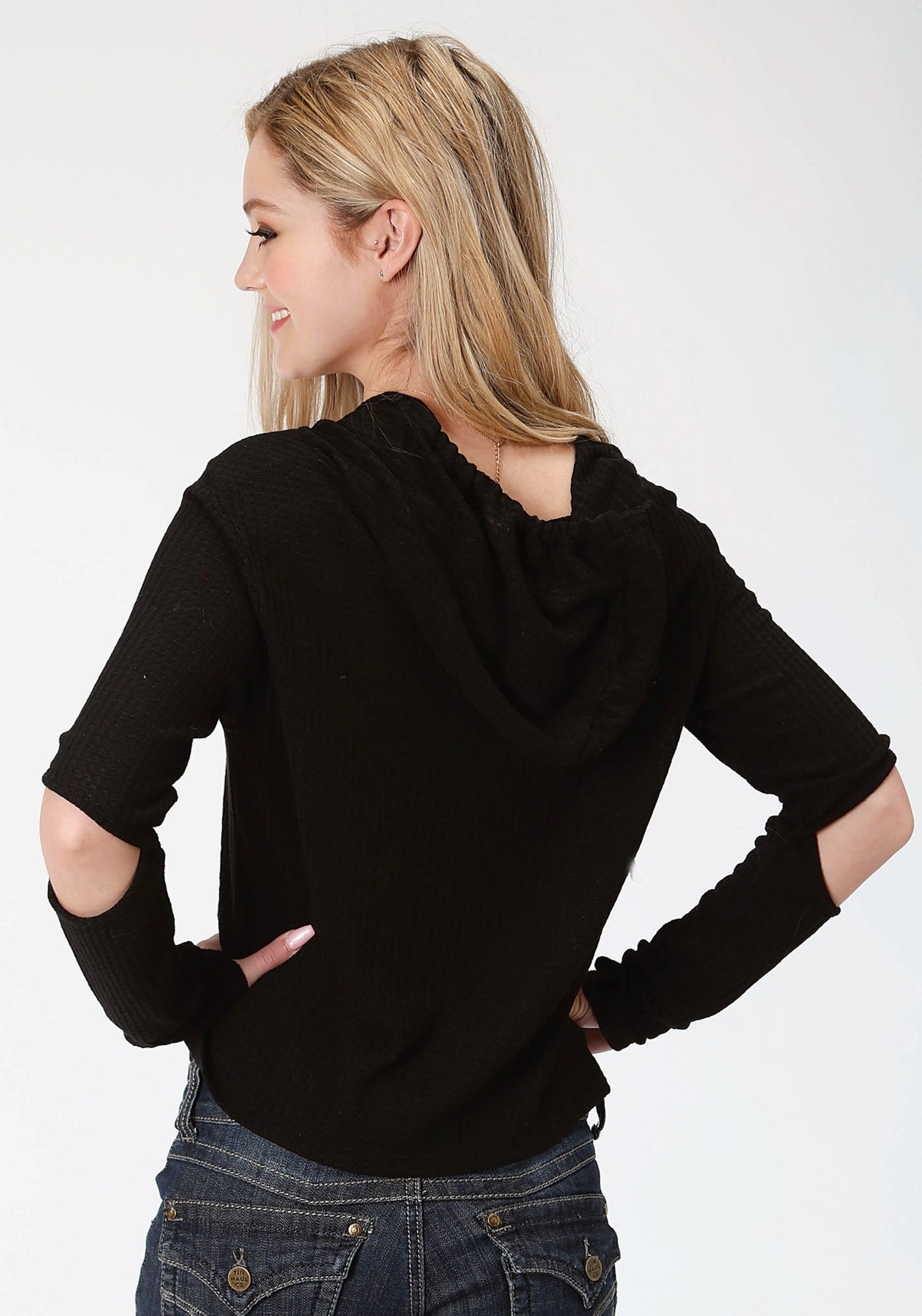 Roper Womens Black 100% Cotton Waffle Knit L/S Hoodie Warm Knit