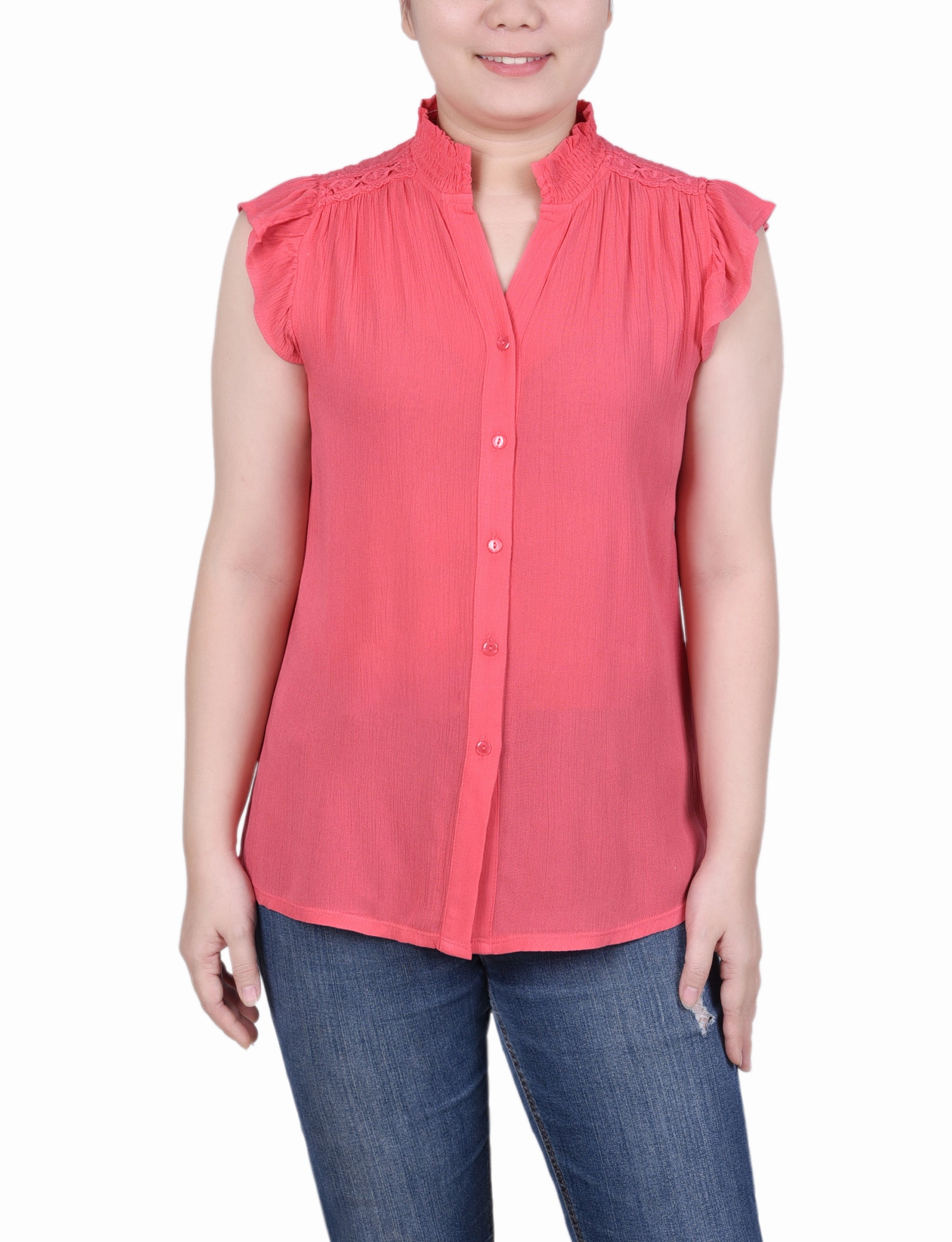 Wicking Inner Lining Overlock Edging Short Flutter Sleeve Crepon Blouse
