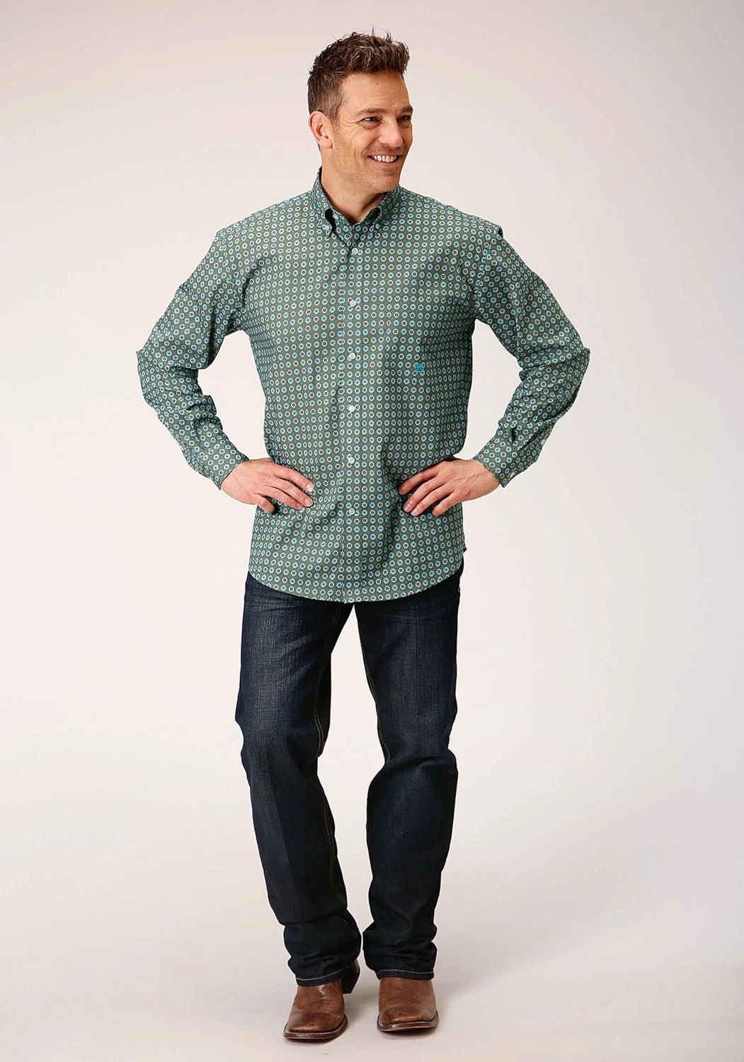 Roper Mens Olive Foulard Green 100% Cotton L/S Shirt Functional Pocket