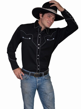Roll-Up Sleeve Fitted Design Scully Mens Shirt Western Black Poly Blend Candy Cane Piping L/S