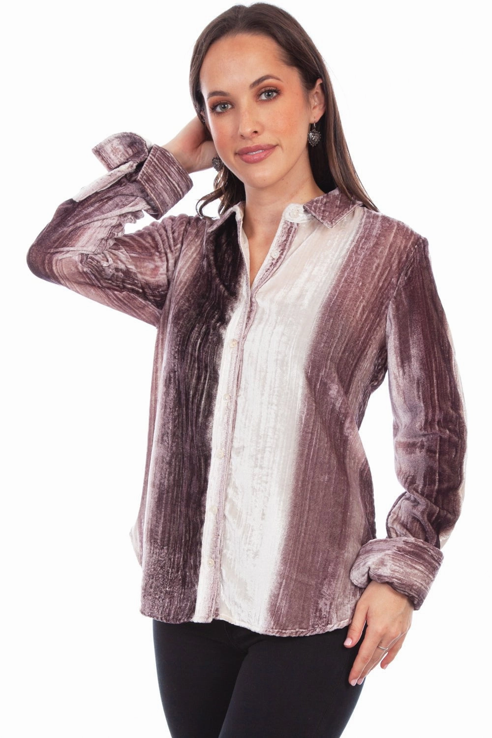 Waffle Weave Compact Fold Design Scully Womens Velvet Stripe Plum/White 75% Viscose/25% Nylon L/S Shirt
