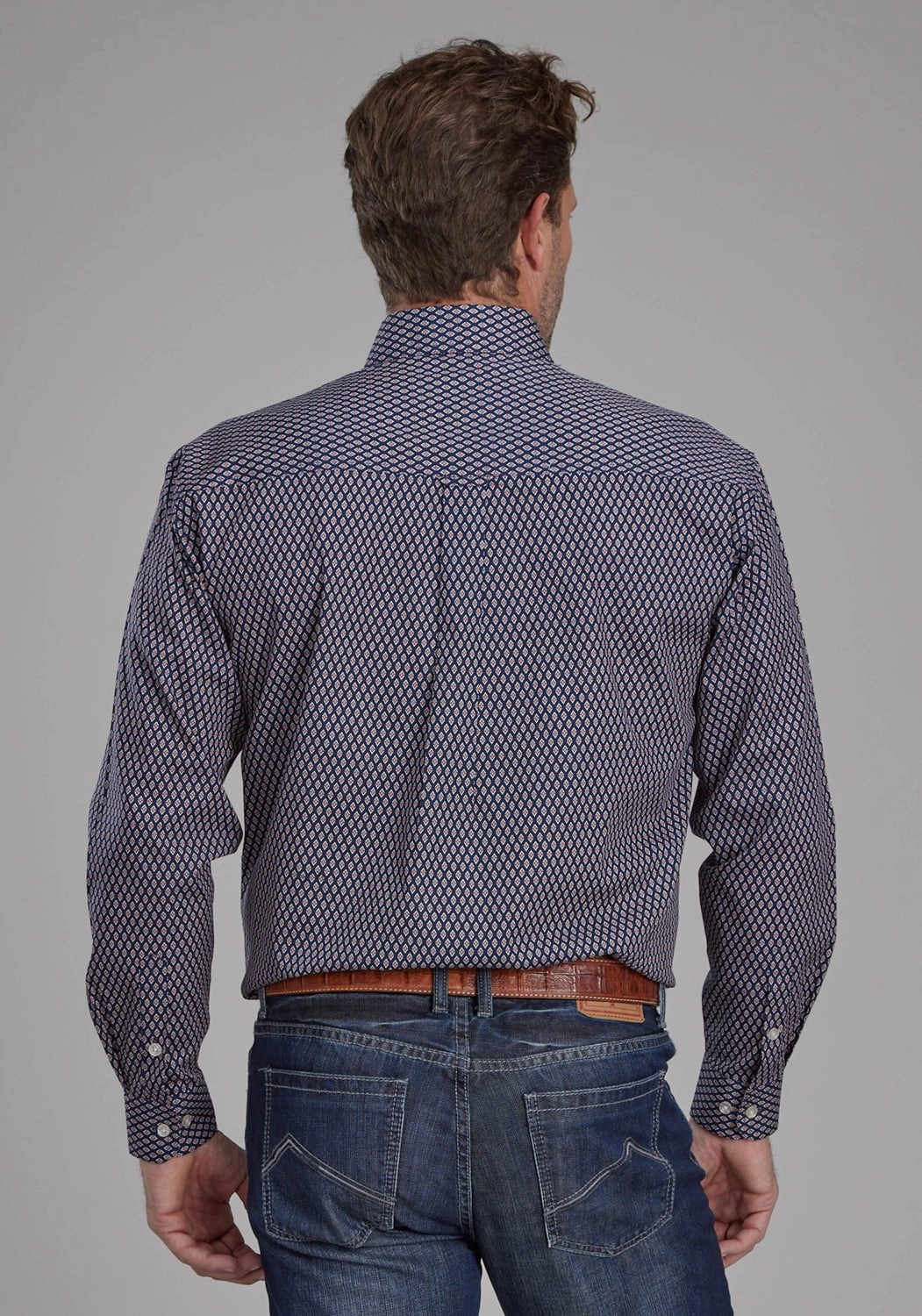 Geometric Print Double Stitched Seams Roper Mens Diamond Eye Geo Blue 100% Cotton 1 Pkt L/S Shirt