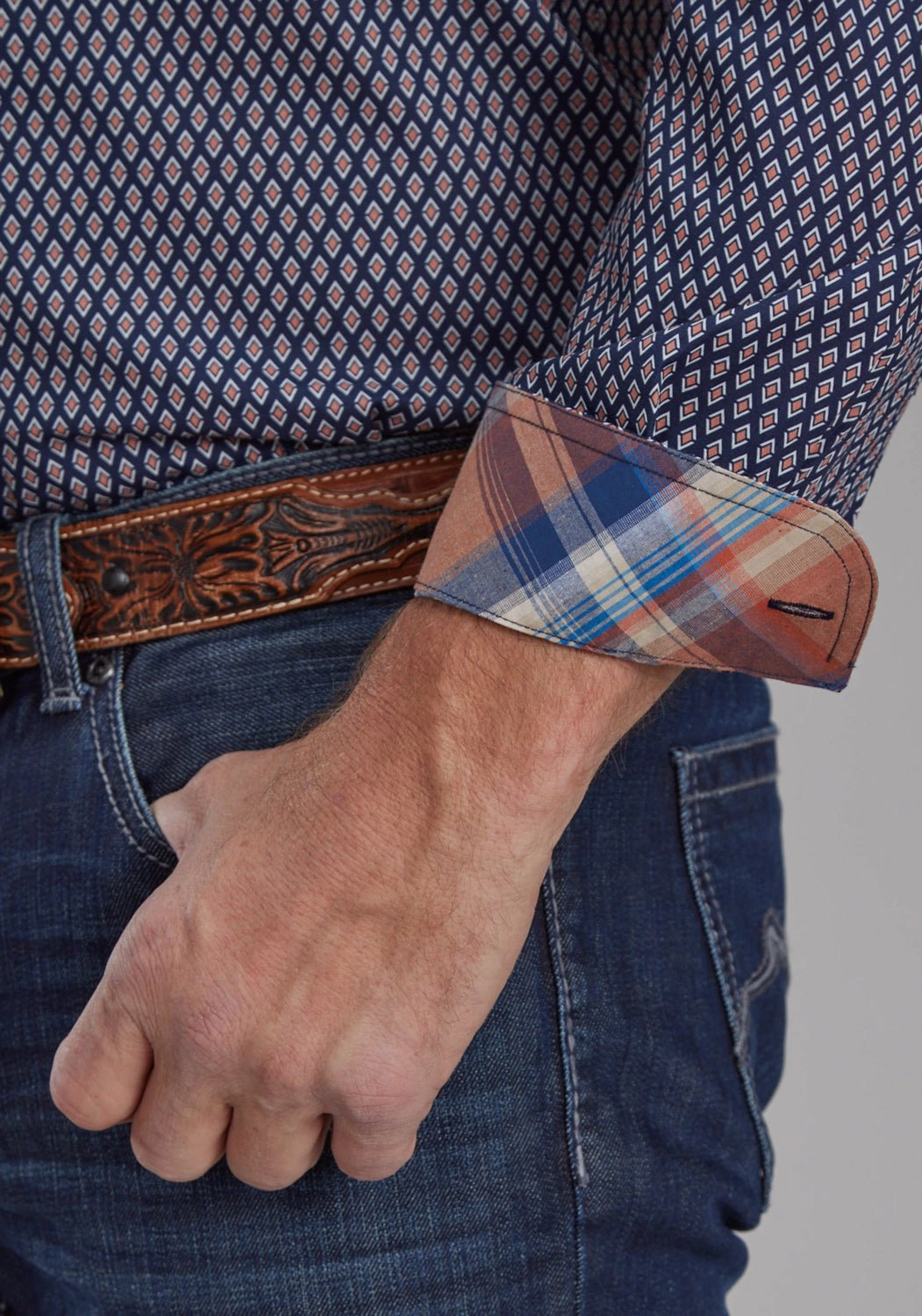 Roper Mens Diamond Eye Geo Blue 100% Cotton 1 Pkt L/S Shirt Custom Fit Morning Comfort