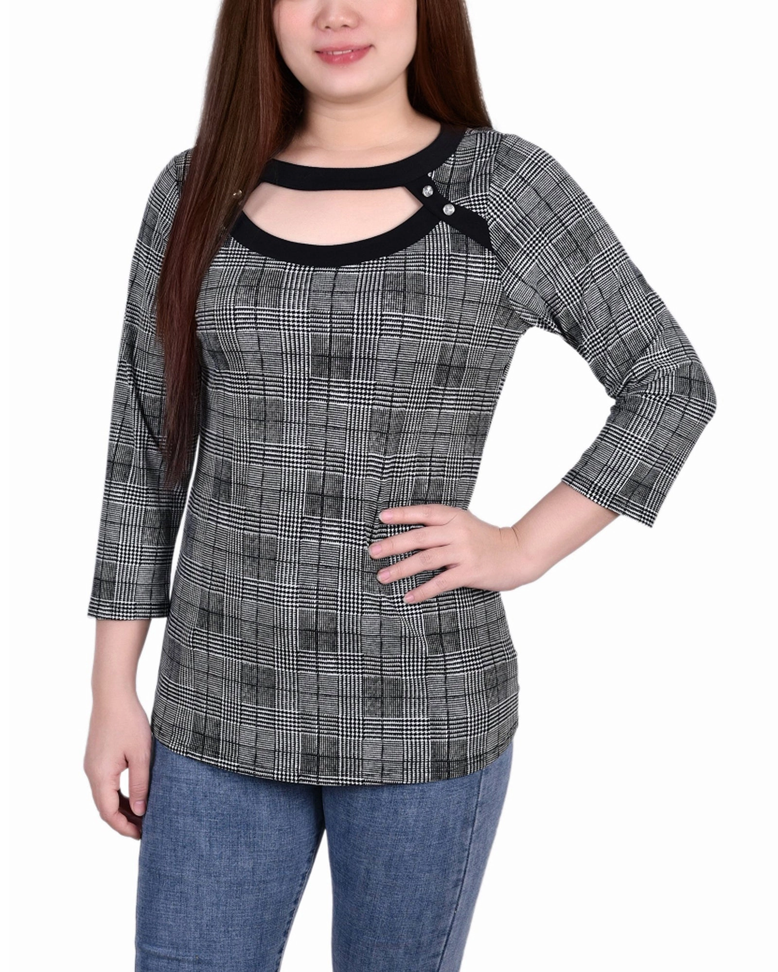 3/4 Sleeve Top With Combo Bands And Front Cutout FlexibleWaistband