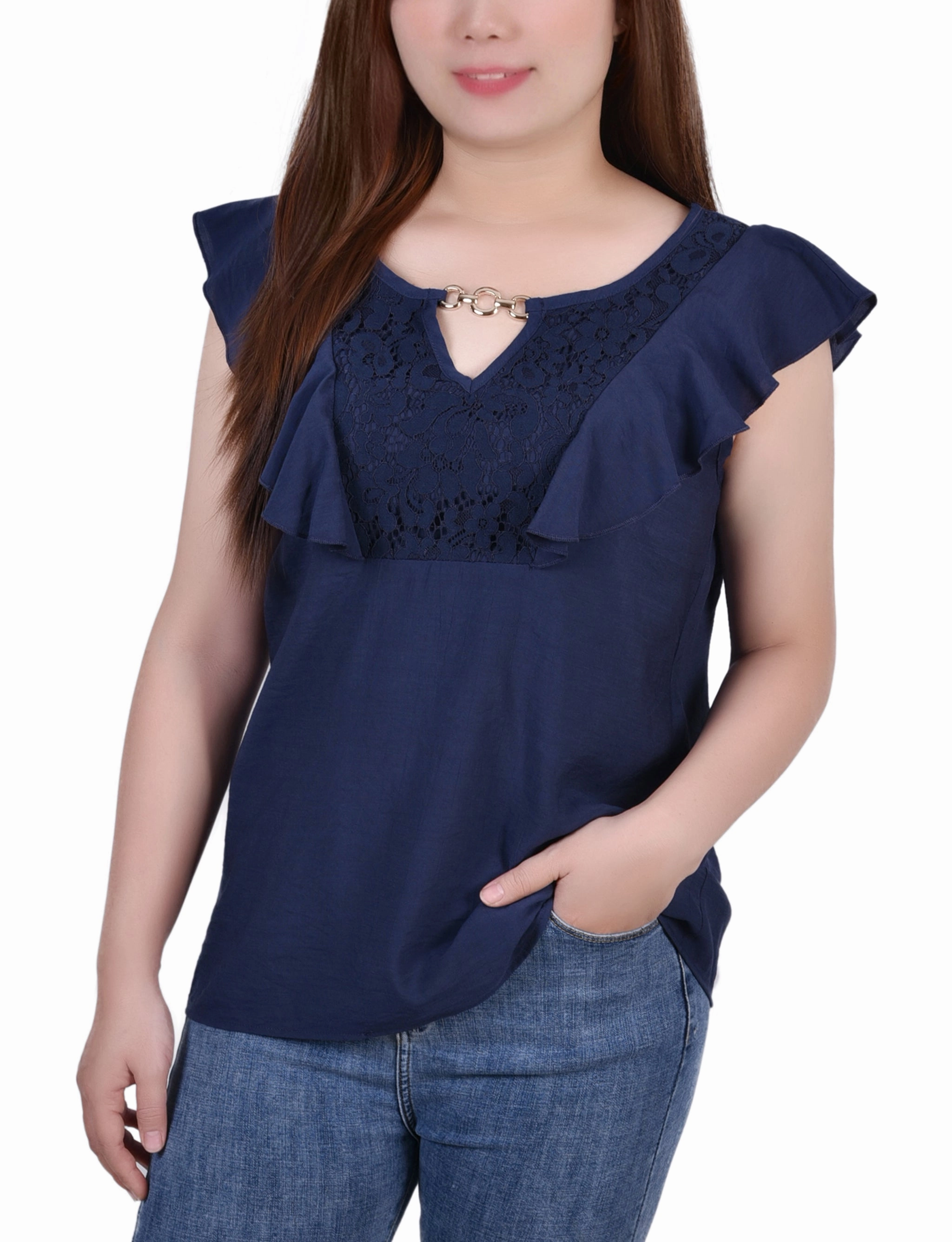 Durable Fiber Blend AntiPillingTechnology Petite Sleeveless Flutter Yoke Blouse