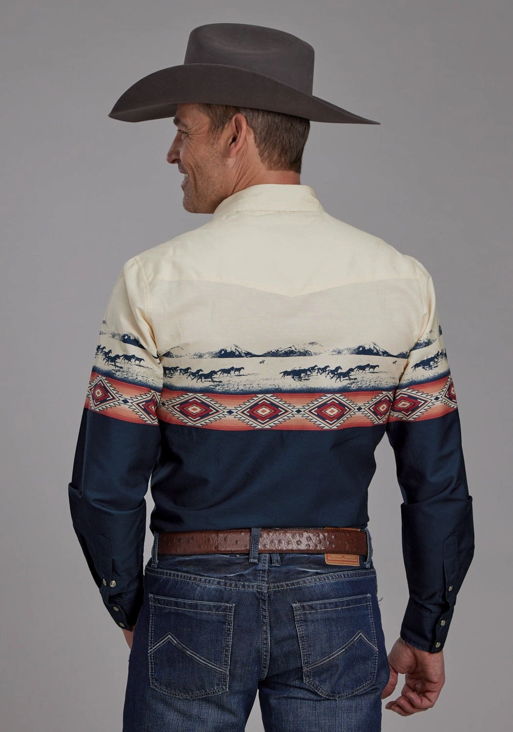 Roper Mens Open Range Border Blue/White 100% Cotton L/S Shirt Stylish Element