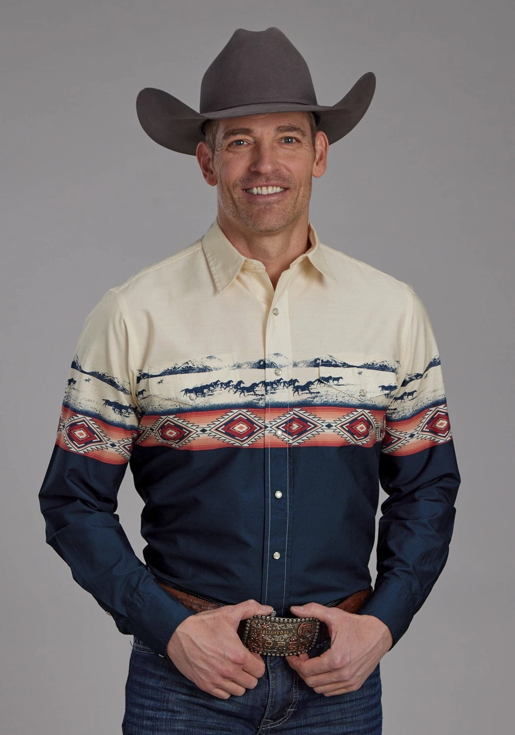 Fitted Cut Roper Mens Open Range Border Blue/White 100% Cotton L/S Shirt