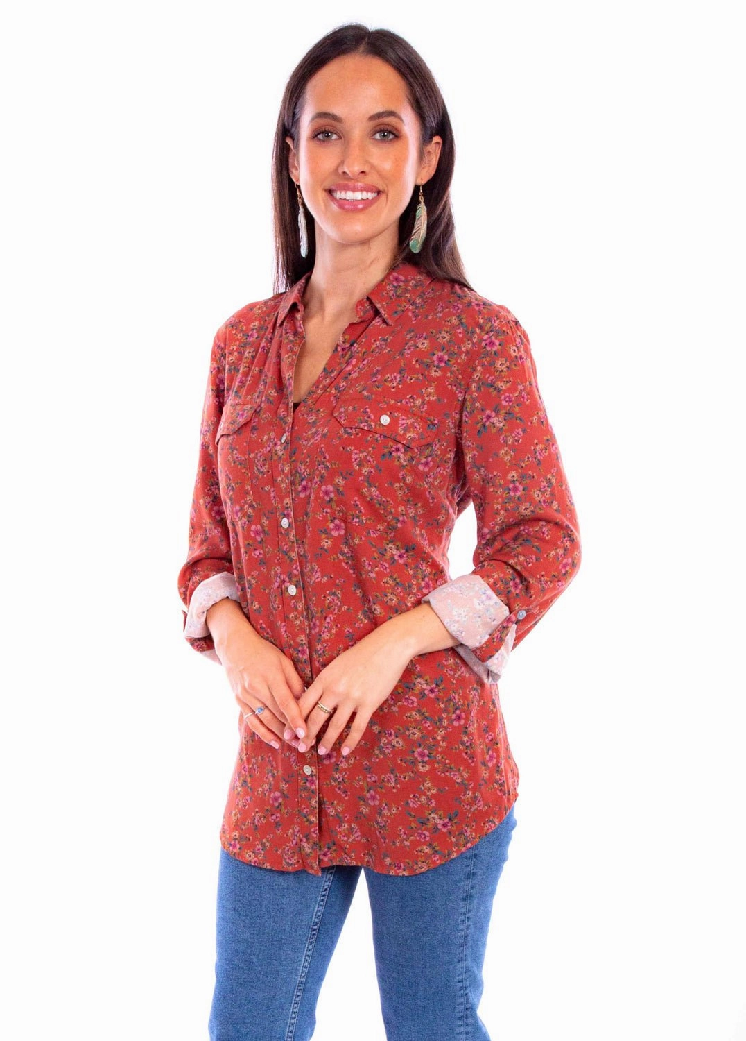 Scully Womens Ditsy Floral Rust 100% Rayon L/S Shirt Limited Edition slim cut
