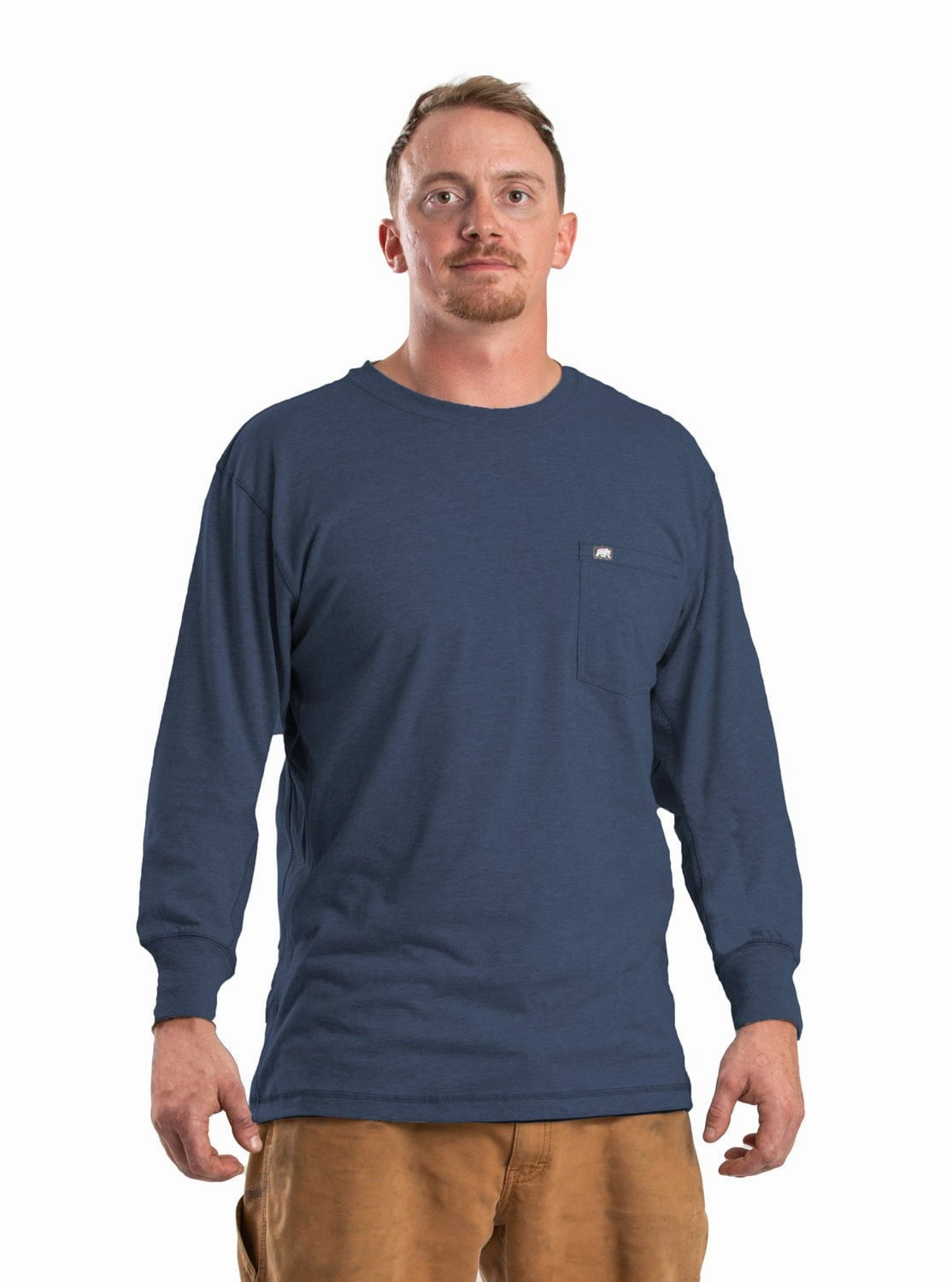 Berne Mens Space Blue Cotton Blend WorkVent Performance Pocket Tee L/S Durable Stitching Zip Front