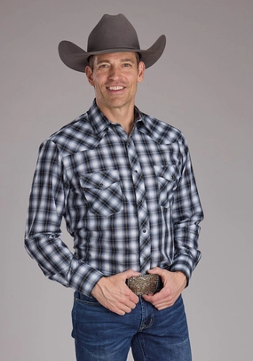 Personalized Touch Everyday Wear Roper Mens 2407 Plaid Black/White Cotton Blend L/S Shirt