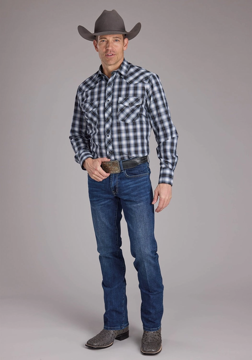 Roper Mens 2407 Plaid Black/White Cotton Blend L/S Shirt Work From Home Flexible Movement