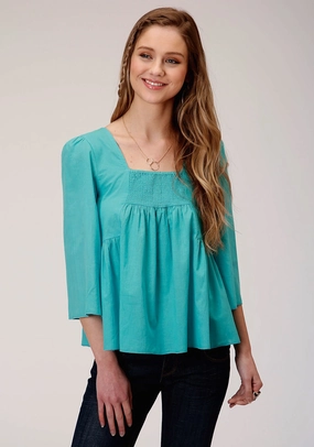 stain resistant coating Roper Womens Turquoise 100% Cotton Bell Sleeve S/S Blouse