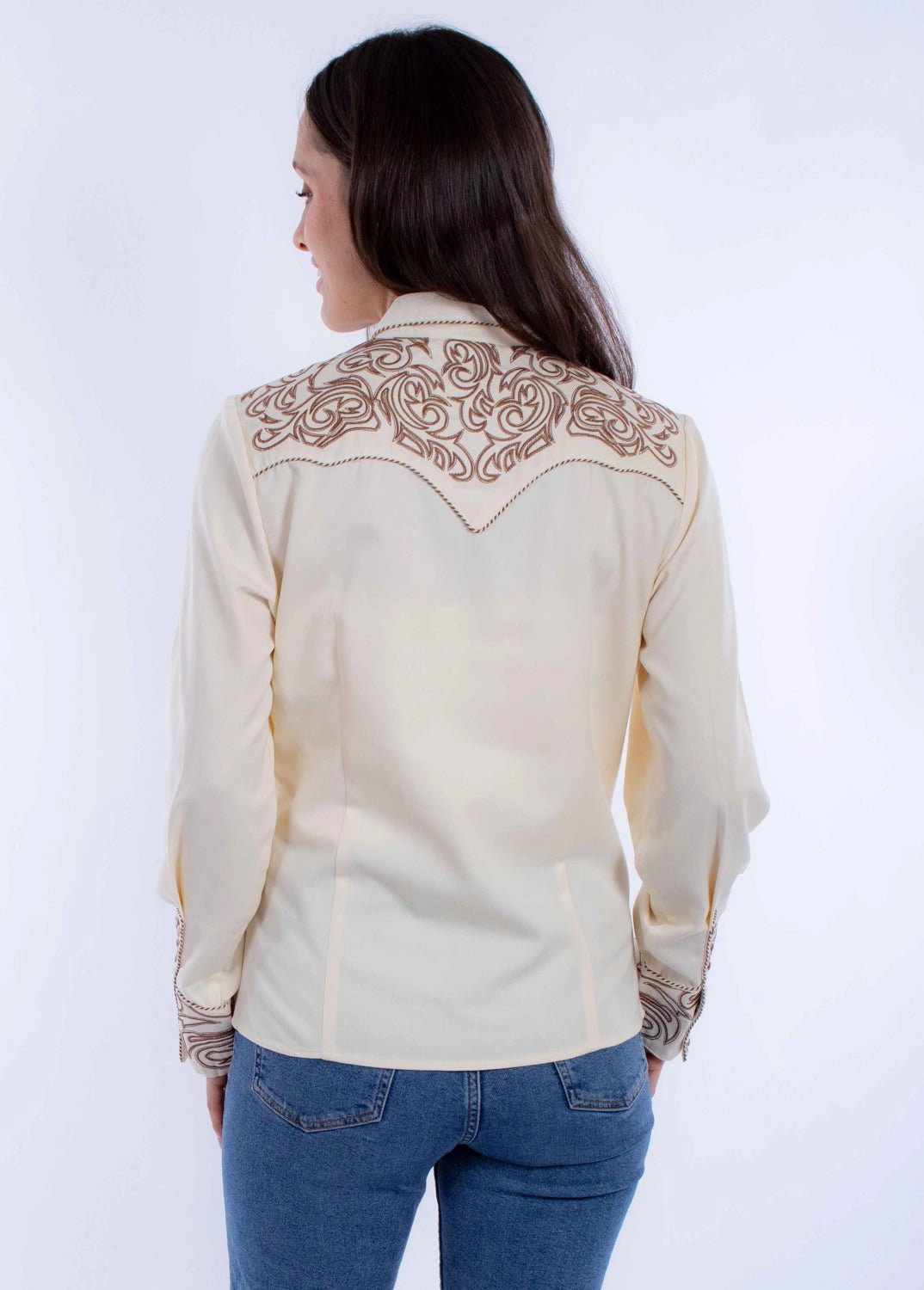Scully Womens Embroidered Scroll Cream Poly/Rayon L/S Shirt Unstructured Shoulder