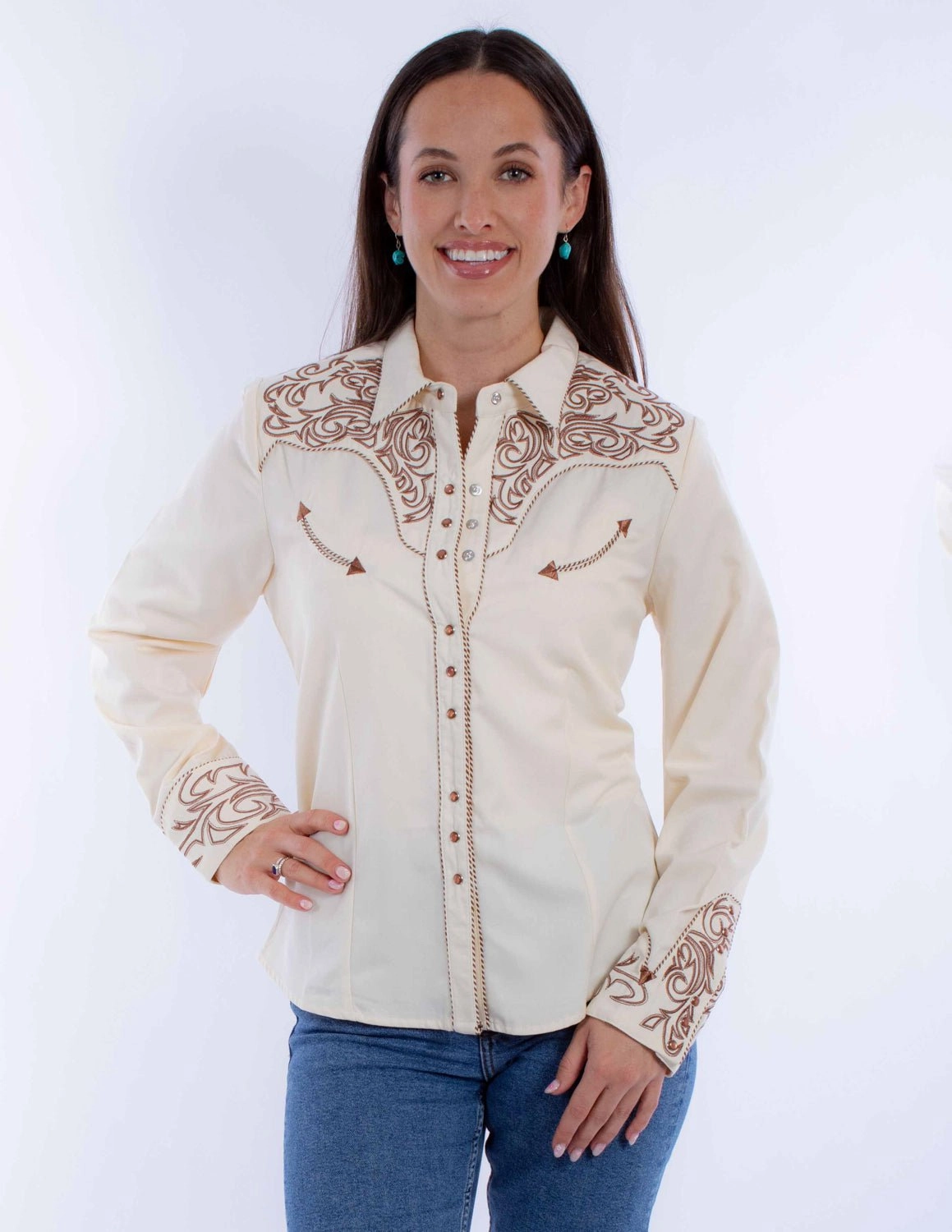 Scully Womens Embroidered Scroll Cream Poly/Rayon L/S Shirt Non-Iron